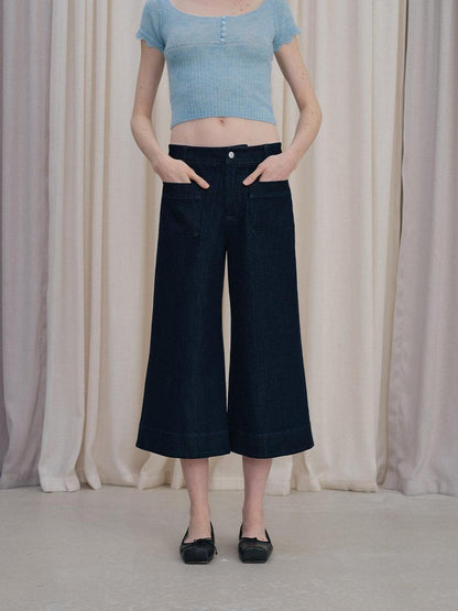 DKZ OFFICIAL Deep Blue Cropped Vintage Micro Flare Loose Button Pocket Women&