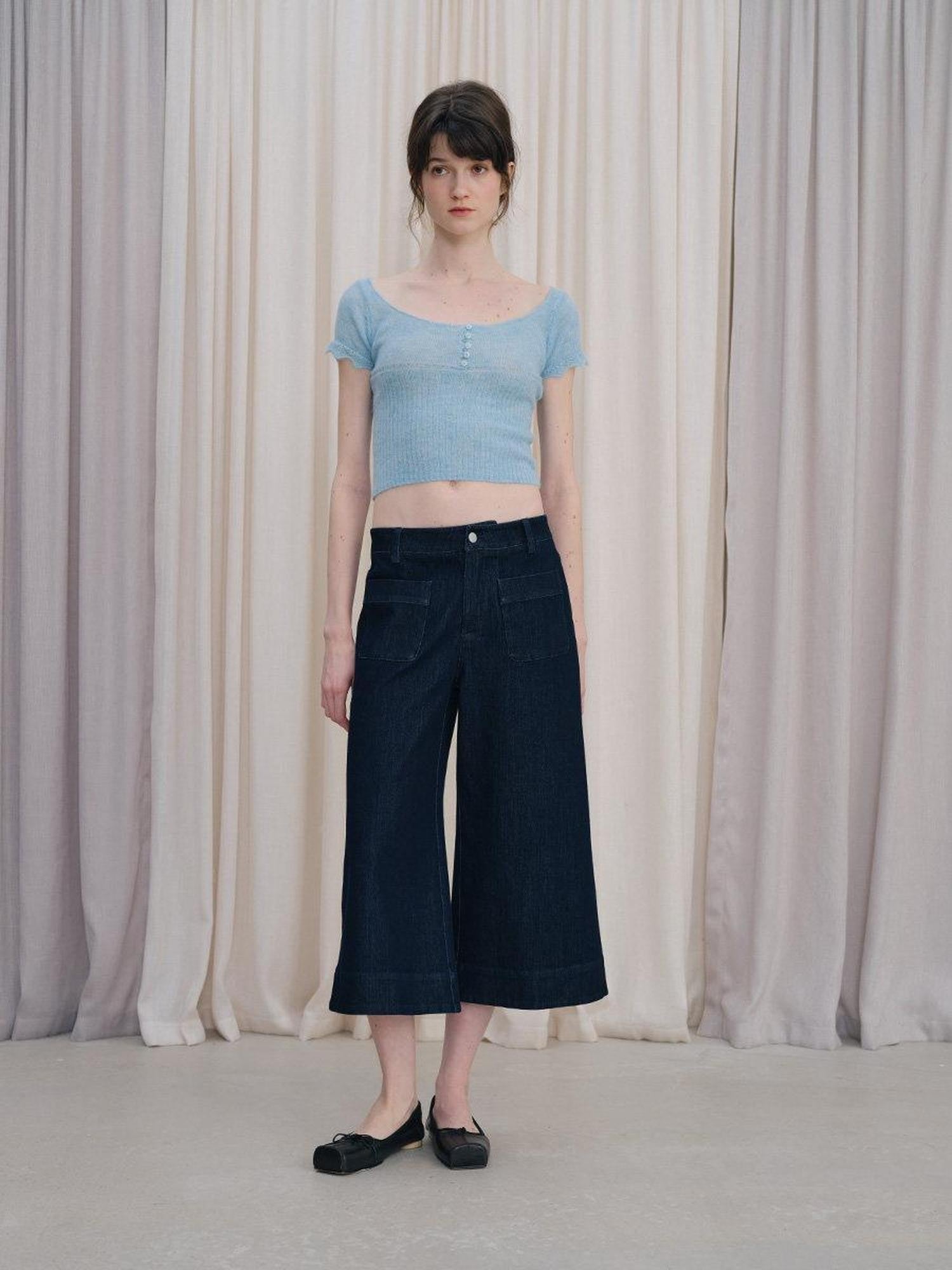 DKZ OFFICIAL Deep Blue Cropped Vintage Micro Flare Loose Button Pocket Women&