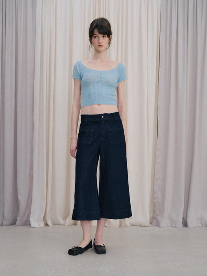 DKZ OFFICIAL Deep Blue Cropped Vintage Micro Flare Loose Button Pocket Women&