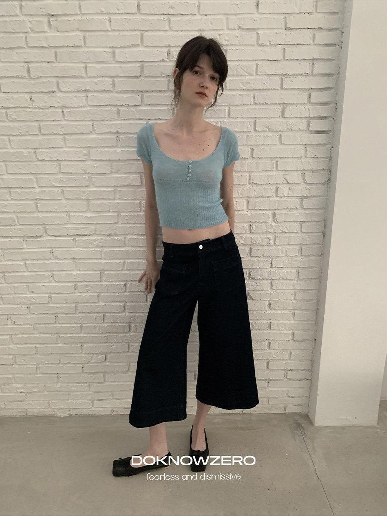 DKZ OFFICIAL Deep Blue Cropped Vintage Micro Flare Loose Button Pocket Women&