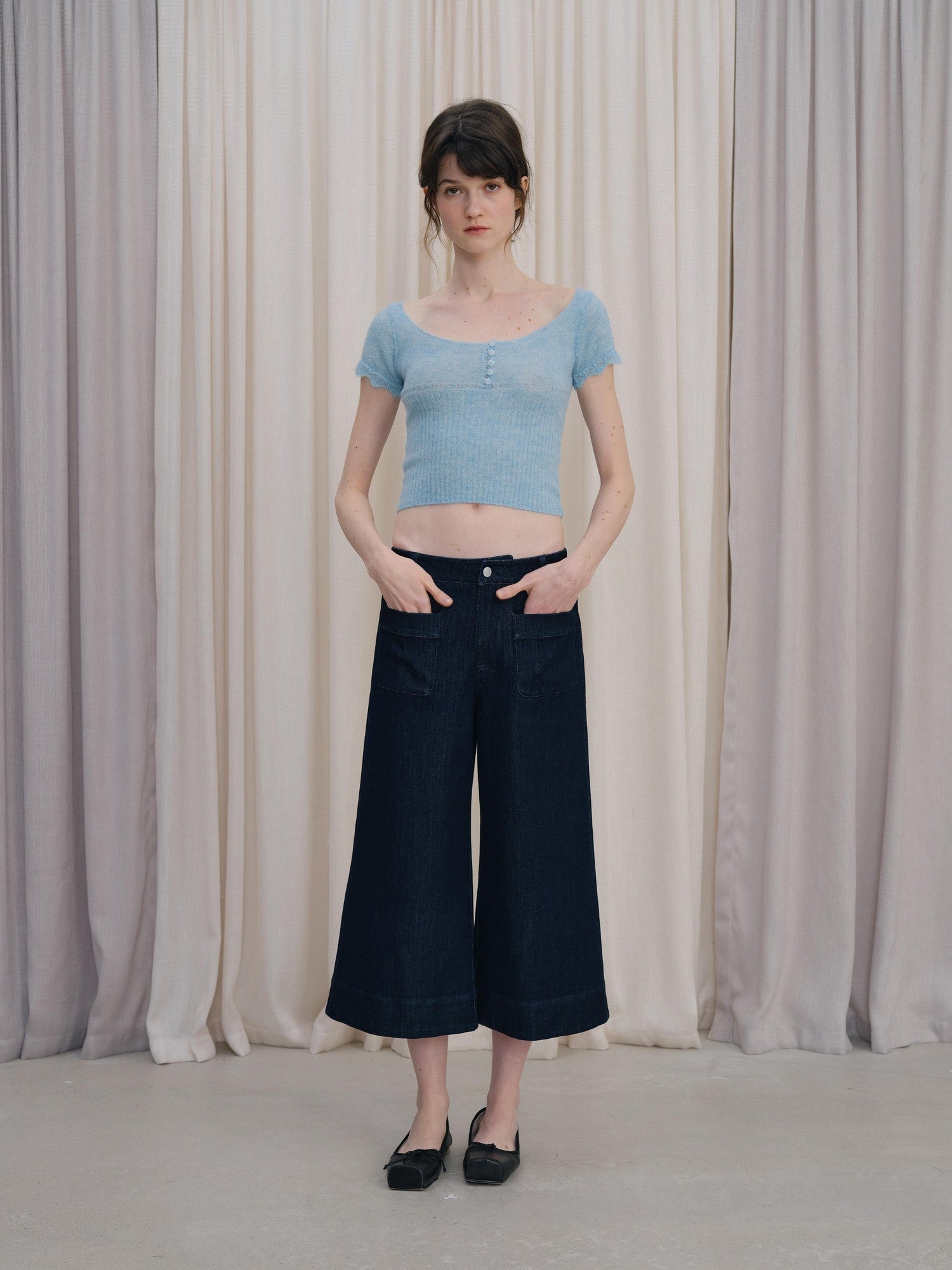DKZ OFFICIAL Deep Blue Cropped Vintage Micro Flare Loose Button Pocket Women&