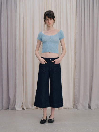 DKZ OFFICIAL Deep Blue Cropped Vintage Micro Flare Loose Button Pocket Women&