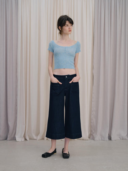 DKZ OFFICIAL Deep Blue Cropped Vintage Micro Flare Loose Button Pocket Women&