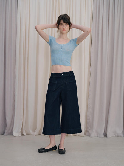 DKZ OFFICIAL Deep Blue Cropped Vintage Micro Flare Loose Button Pocket Women&