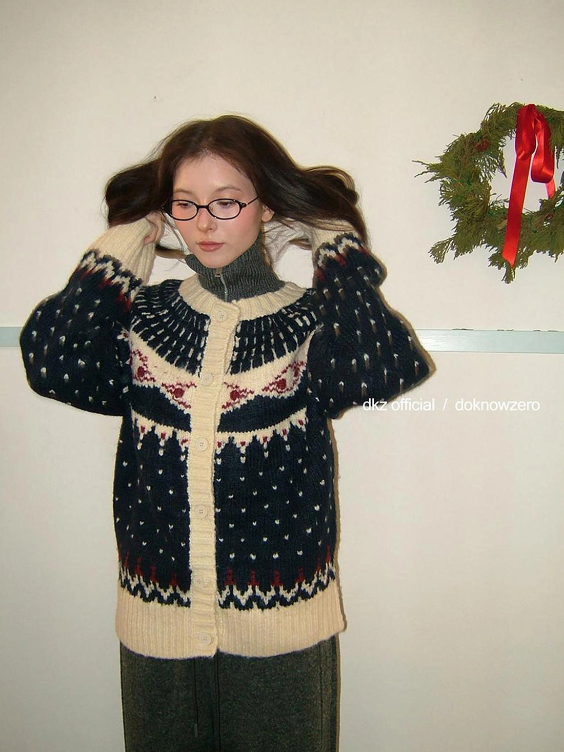 DKZ OFFICIAL Deep Blue Fair Isle Knit Cardigan Women Vintage Casual Soft Winter Top