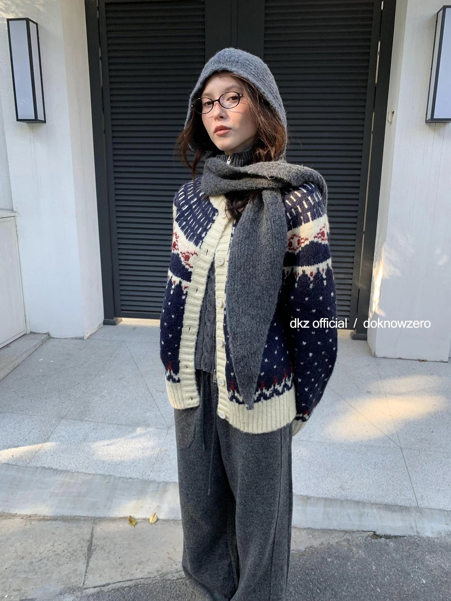 DKZ OFFICIAL Deep Blue Fair Isle Knit Cardigan Women Vintage Casual Soft Winter Top