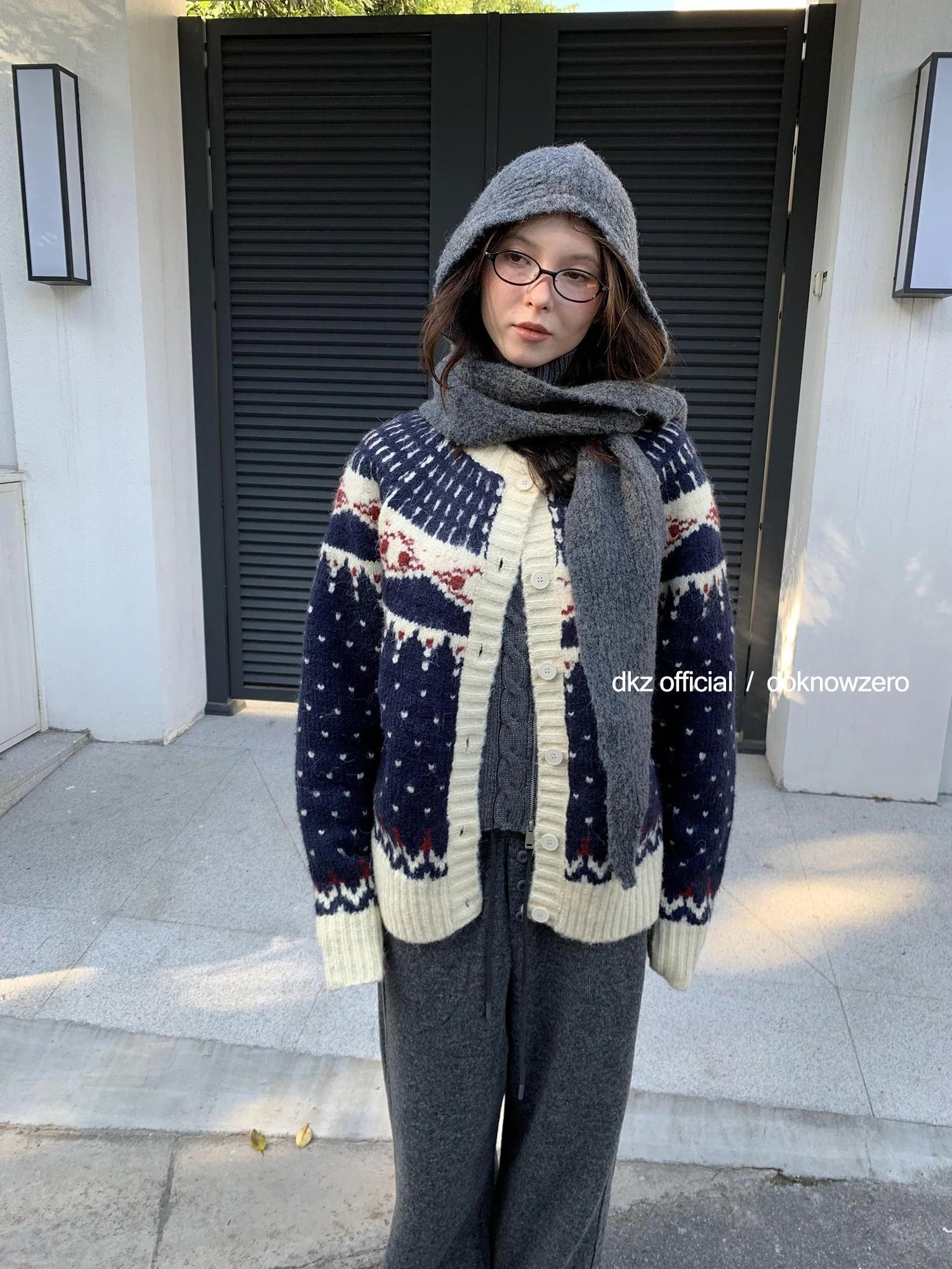 DKZ OFFICIAL Deep Blue Fair Isle Knit Cardigan Women Vintage Casual Soft Winter Top