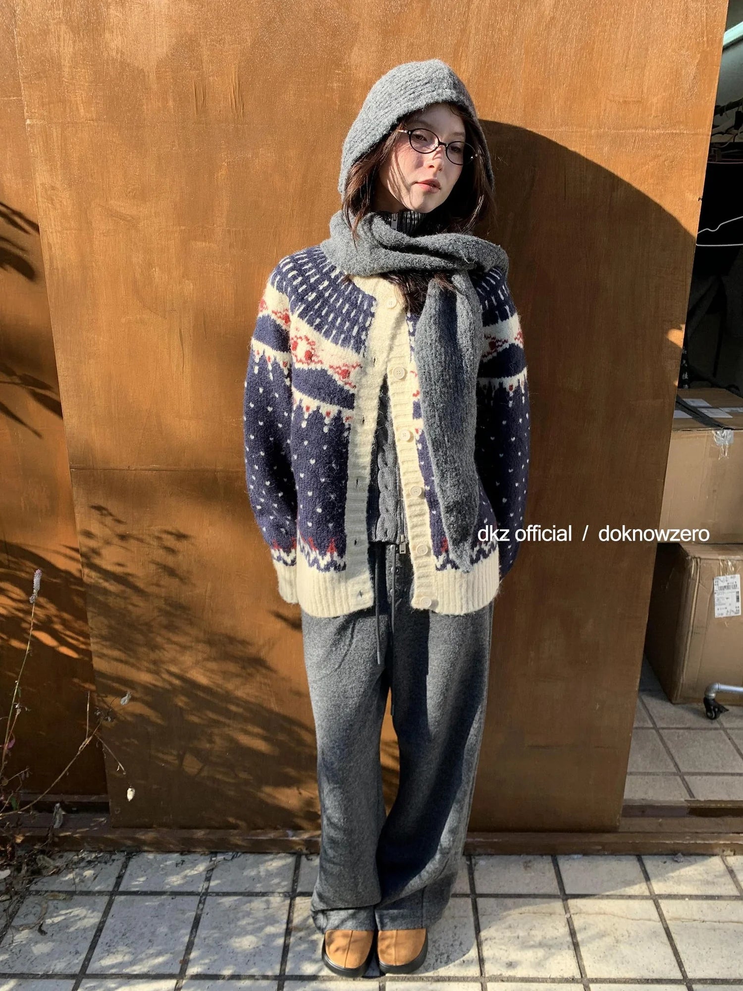 DKZ OFFICIAL Deep Blue Fair Isle Knit Cardigan Women Vintage Casual Soft Winter Top