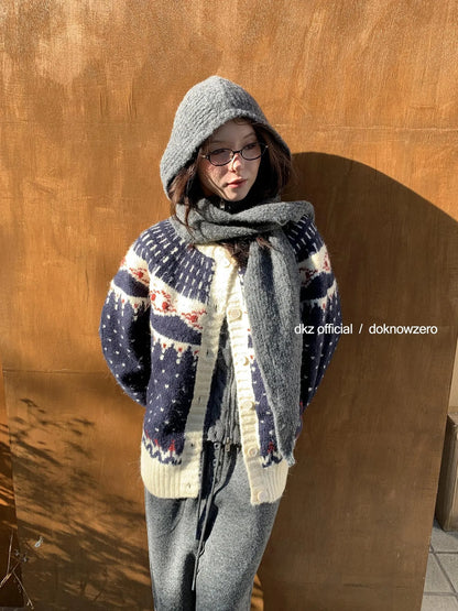 DKZ OFFICIAL Deep Blue Fair Isle Knit Cardigan Women Vintage Casual Soft Winter Top
