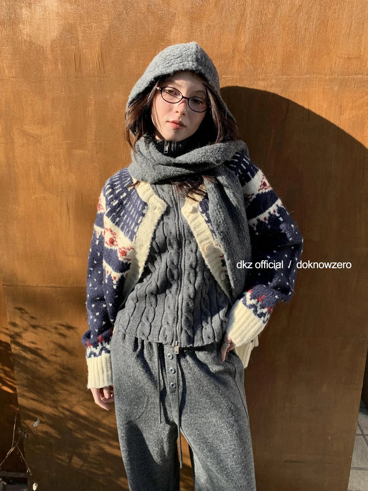 DKZ OFFICIAL Deep Blue Fair Isle Knit Cardigan Women Vintage Casual Soft Winter Top