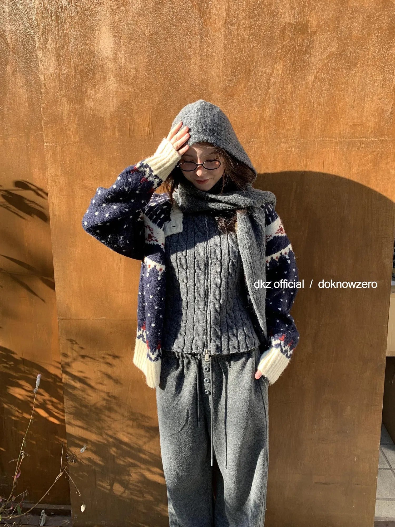 DKZ OFFICIAL Deep Blue Fair Isle Knit Cardigan Women Vintage Casual Soft Winter Top
