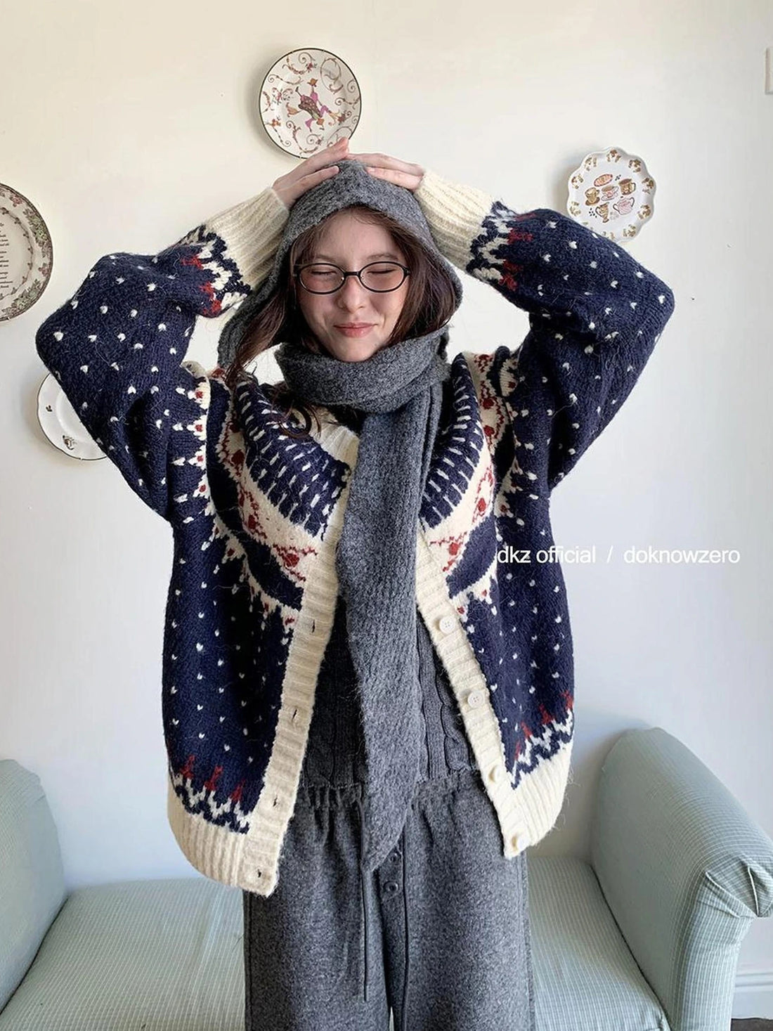 DKZ OFFICIAL Deep Blue Fair Isle Knit Cardigan Women Vintage Casual Soft Winter Top