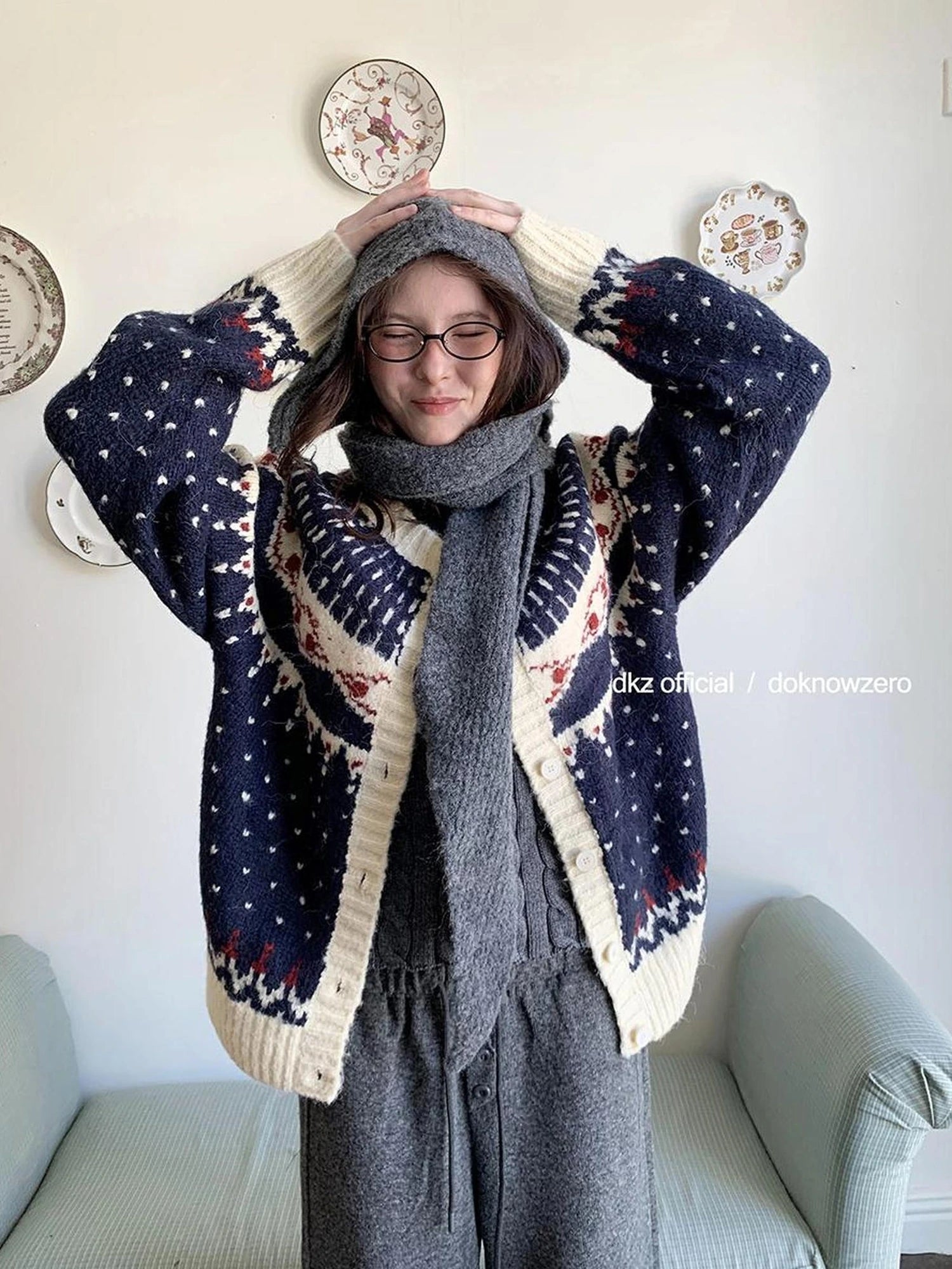 DKZ OFFICIAL Deep Blue Fair Isle Knit Cardigan Women Vintage Casual Soft Winter Top