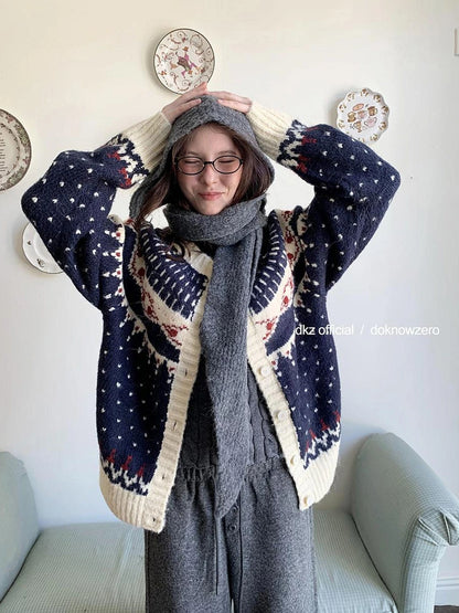 DKZ OFFICIAL Deep Blue Fair Isle Knit Cardigan Women Vintage Casual Soft Winter Top