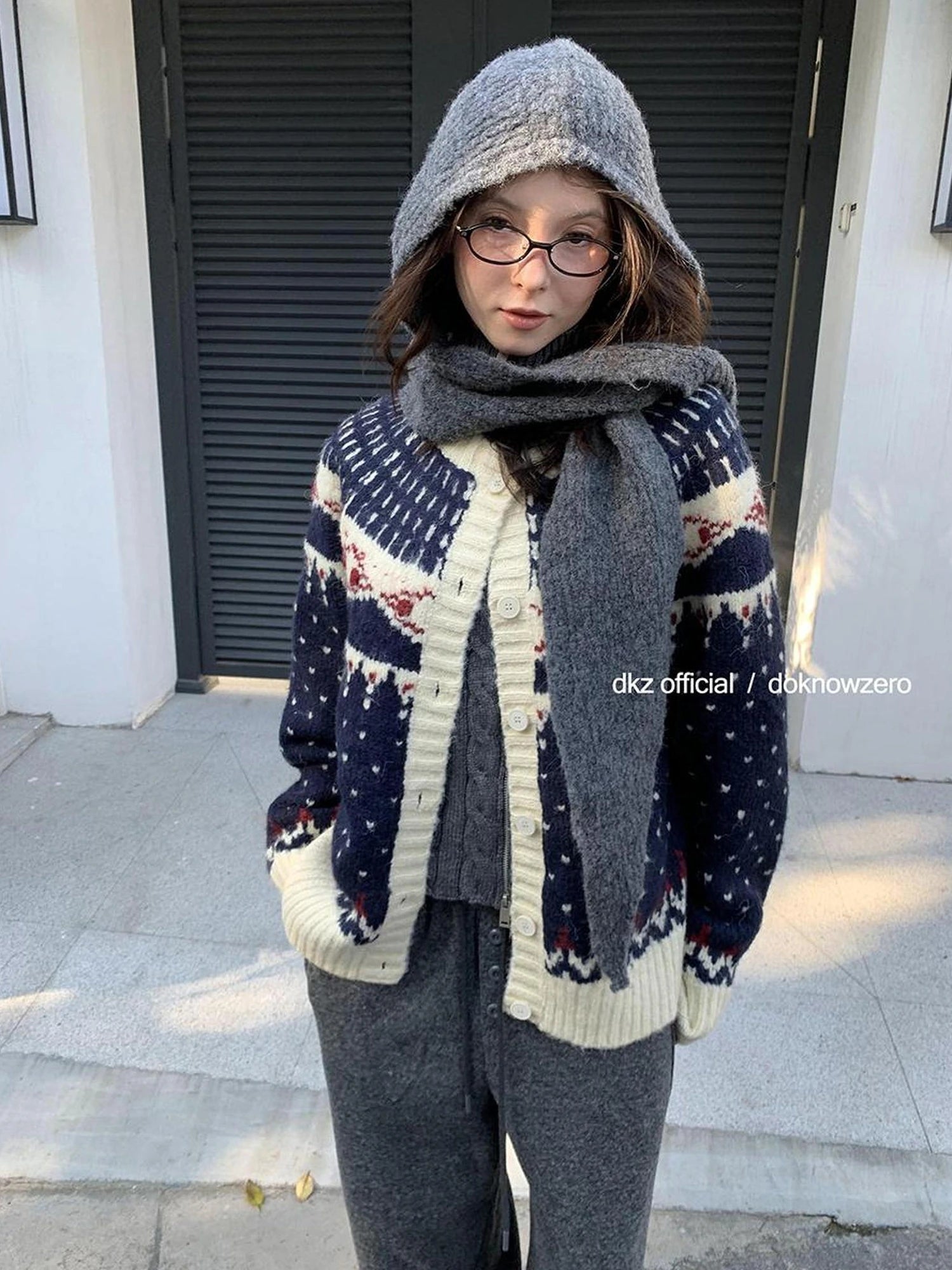 DKZ OFFICIAL Deep Blue Fair Isle Knit Cardigan Women Vintage Casual Soft Winter Top