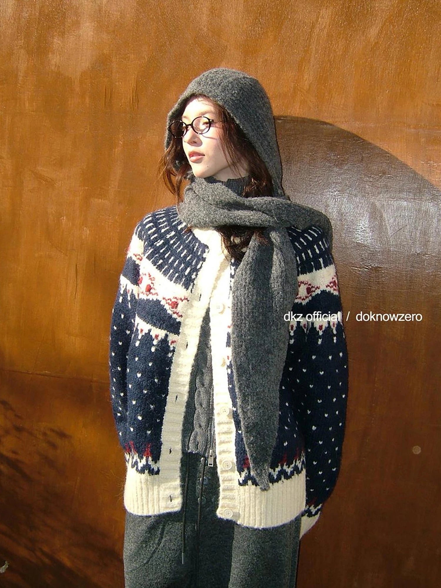 DKZ OFFICIAL Deep Blue Fair Isle Knit Cardigan Women Vintage Casual Soft Winter Top