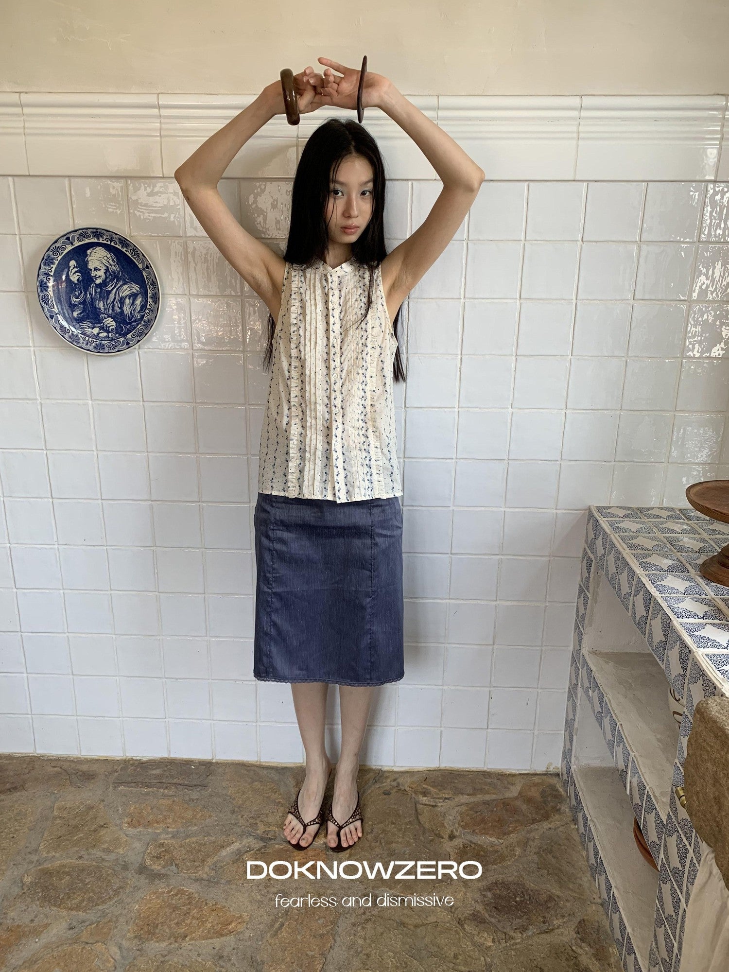 DKZ OFFICIAL Deep Blue Vintage Straight Mid Waist Women&