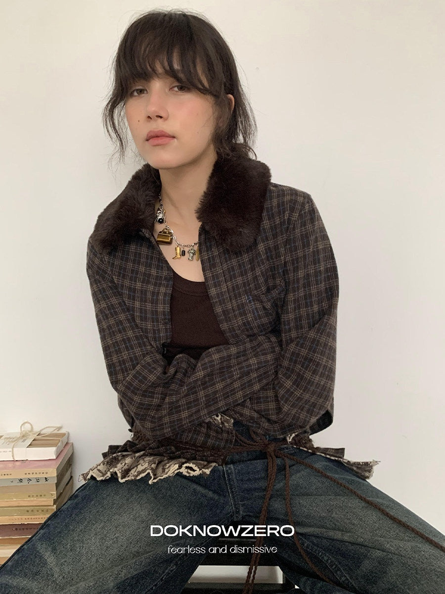 DKZ_OFFICIAL_Deep_Brown_Plaid_Detachable_Fur_Vintage_Women&
