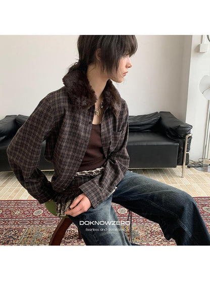 DKZ OFFICIAL Deep Brown Plaid Detachable Fur Vintage Women&