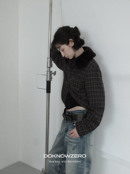 DKZ OFFICIAL Deep Brown Plaid Detachable Fur Vintage Women&