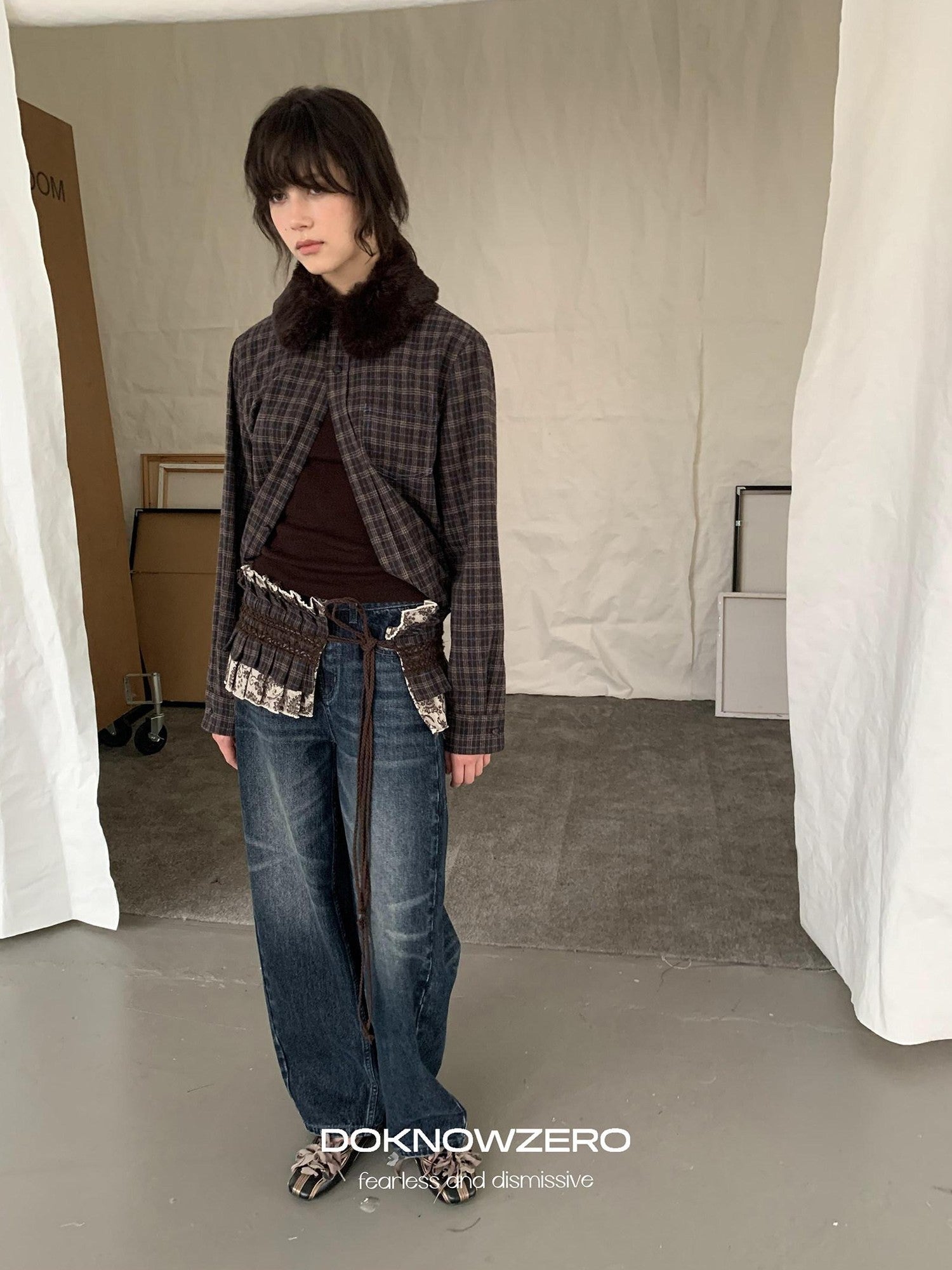 DKZ OFFICIAL Deep Brown Plaid Detachable Fur Vintage Women&