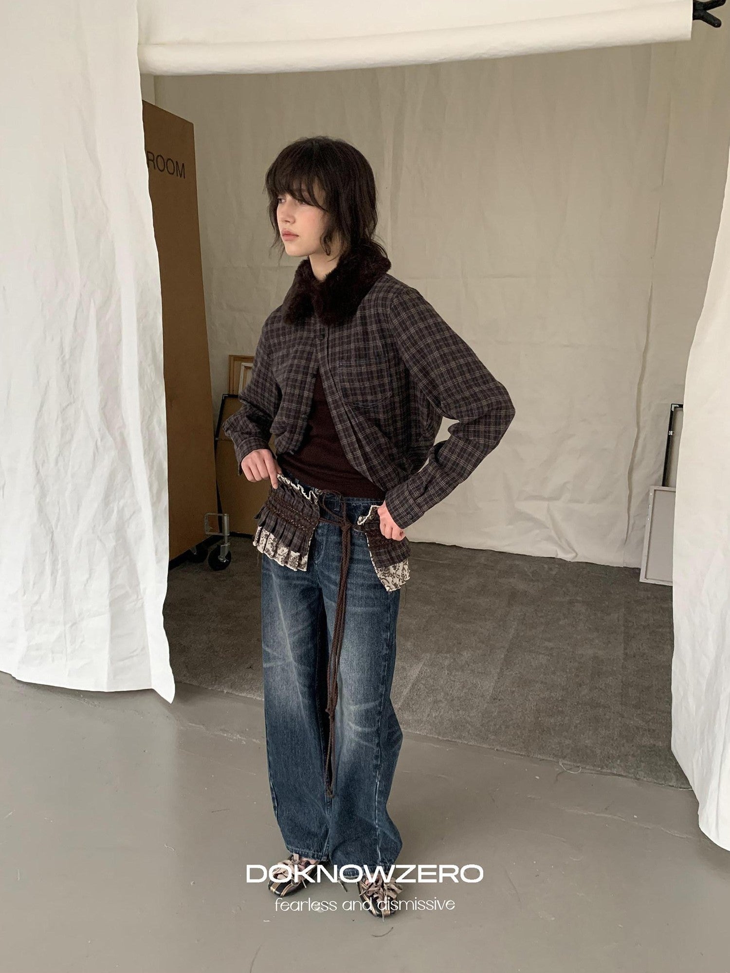 DKZ OFFICIAL Deep Brown Plaid Detachable Fur Vintage Women&