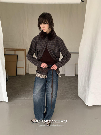DKZ OFFICIAL Deep Brown Plaid Detachable Fur Vintage Women&