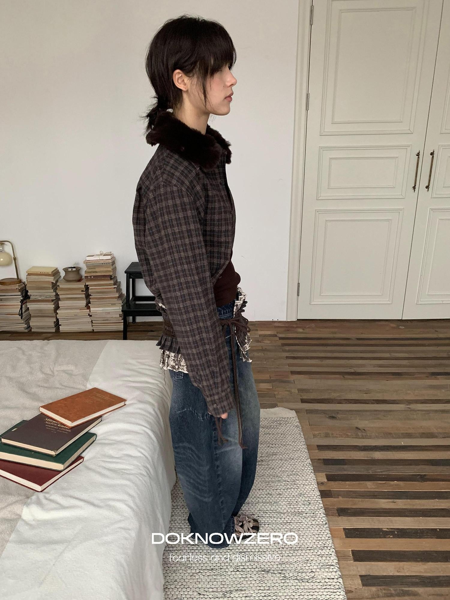 DKZ OFFICIAL Deep Brown Plaid Detachable Fur Vintage Women&