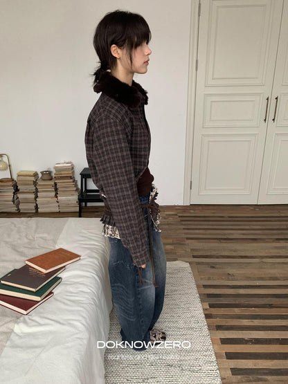 DKZ OFFICIAL Deep Brown Plaid Detachable Fur Vintage Women&