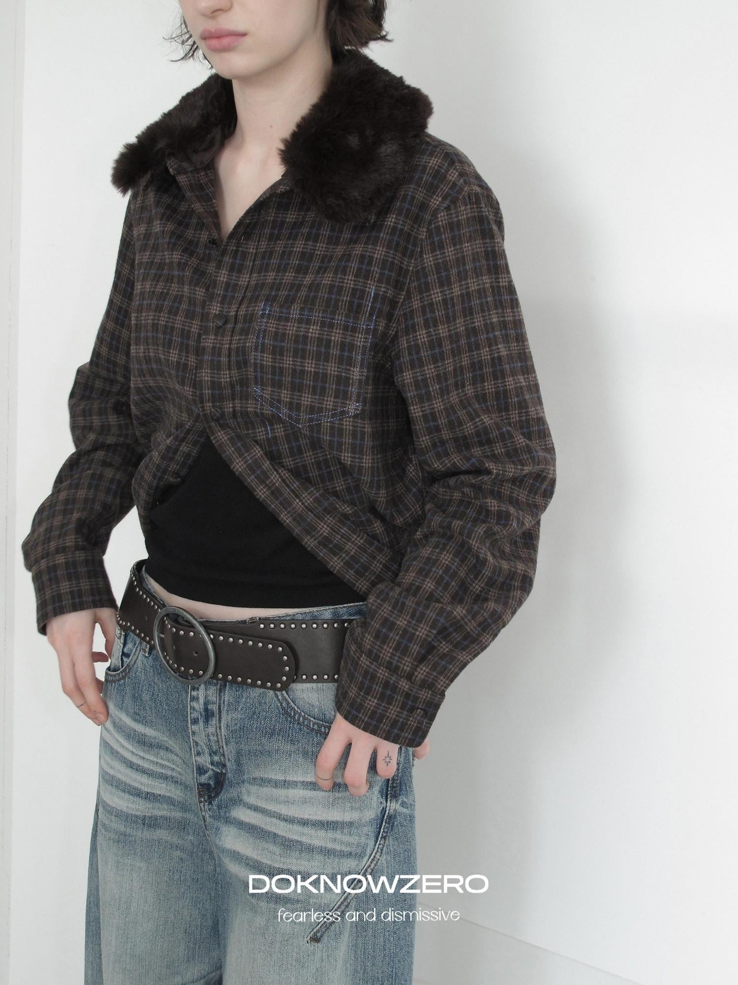 DKZ OFFICIAL Deep Brown Plaid Detachable Fur Vintage Women&
