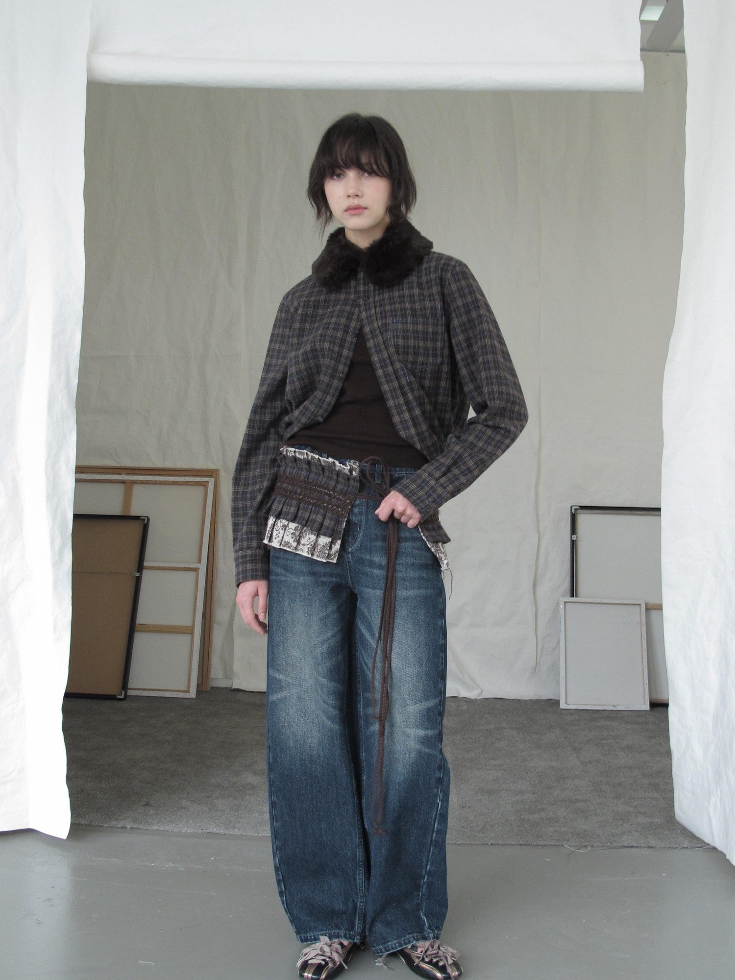 DKZ OFFICIAL Deep Brown Plaid Detachable Fur Vintage Women&