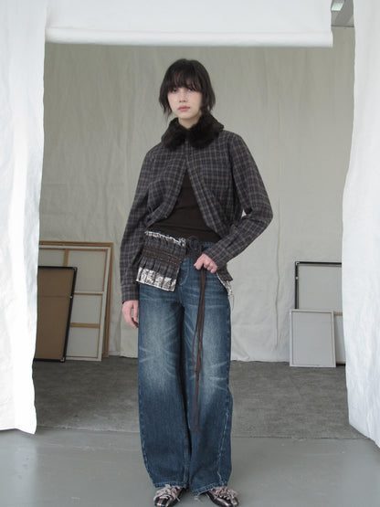DKZ OFFICIAL Deep Brown Plaid Detachable Fur Vintage Women&
