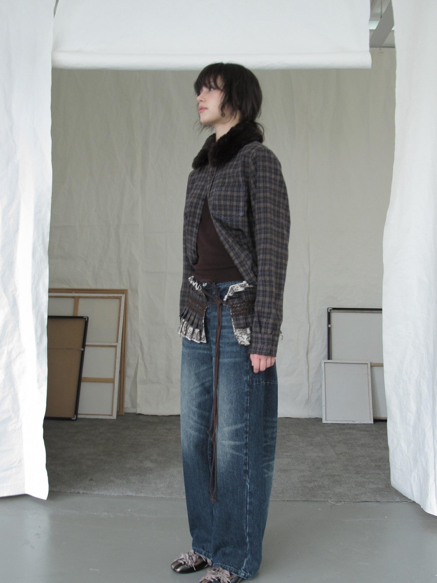 DKZ OFFICIAL Deep Brown Plaid Detachable Fur Vintage Women&