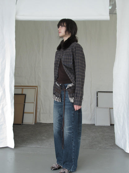 DKZ OFFICIAL Deep Brown Plaid Detachable Fur Vintage Women&