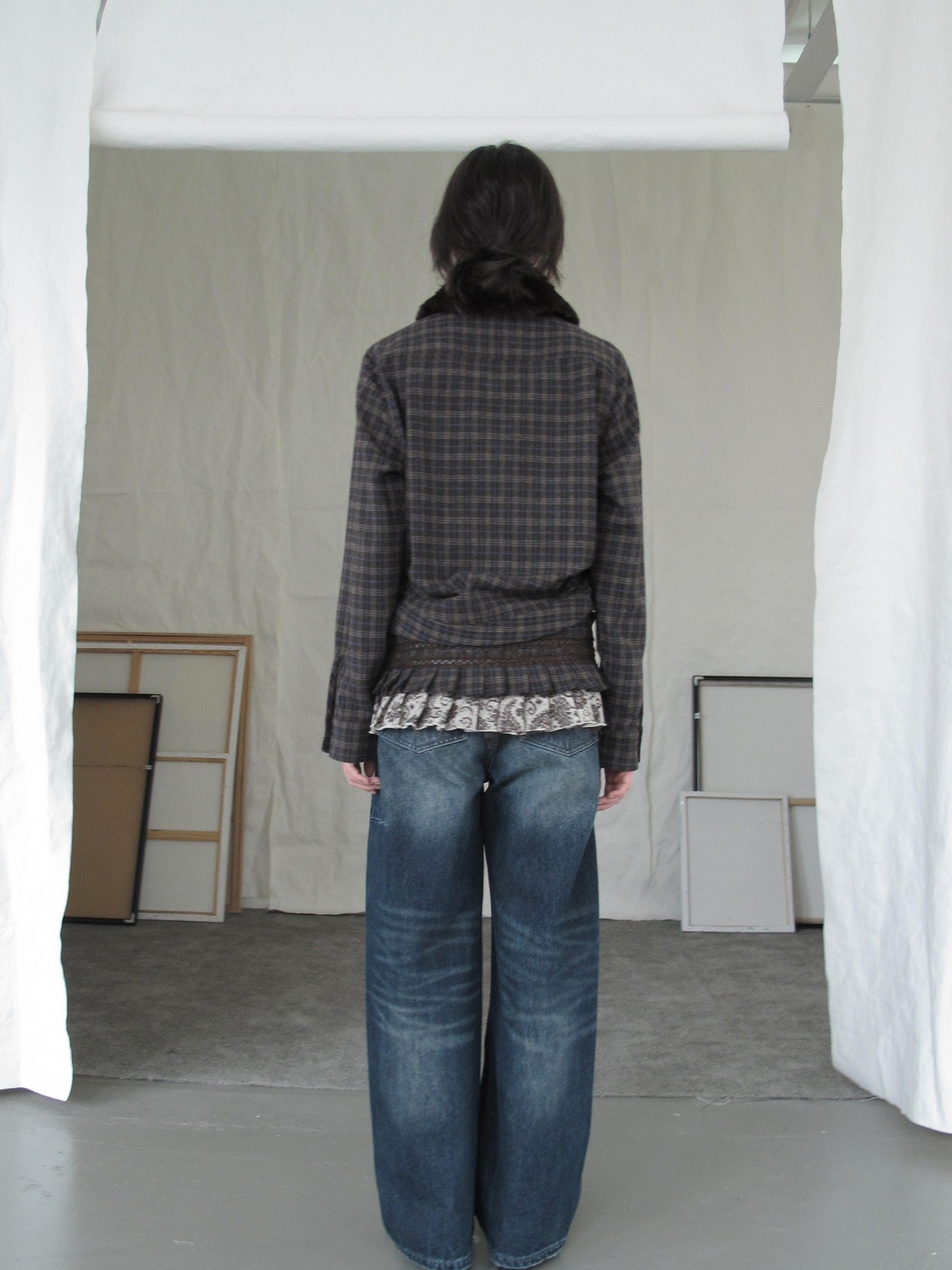 DKZ OFFICIAL Deep Brown Plaid Detachable Fur Vintage Women&