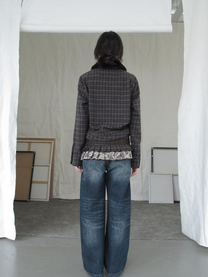 DKZ OFFICIAL Deep Brown Plaid Detachable Fur Vintage Women&