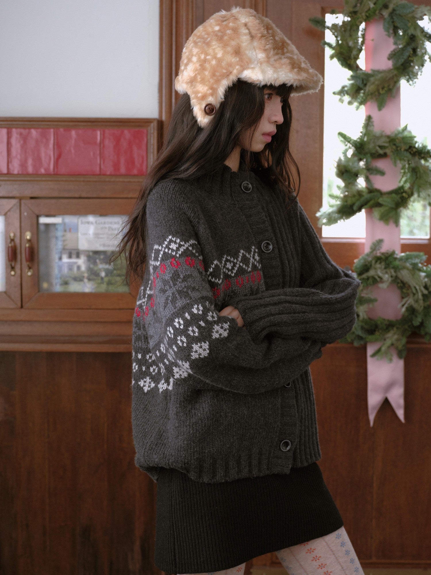 DKZ OFFICIAL Deep Gray Fair Isle Jacquard Print Women&