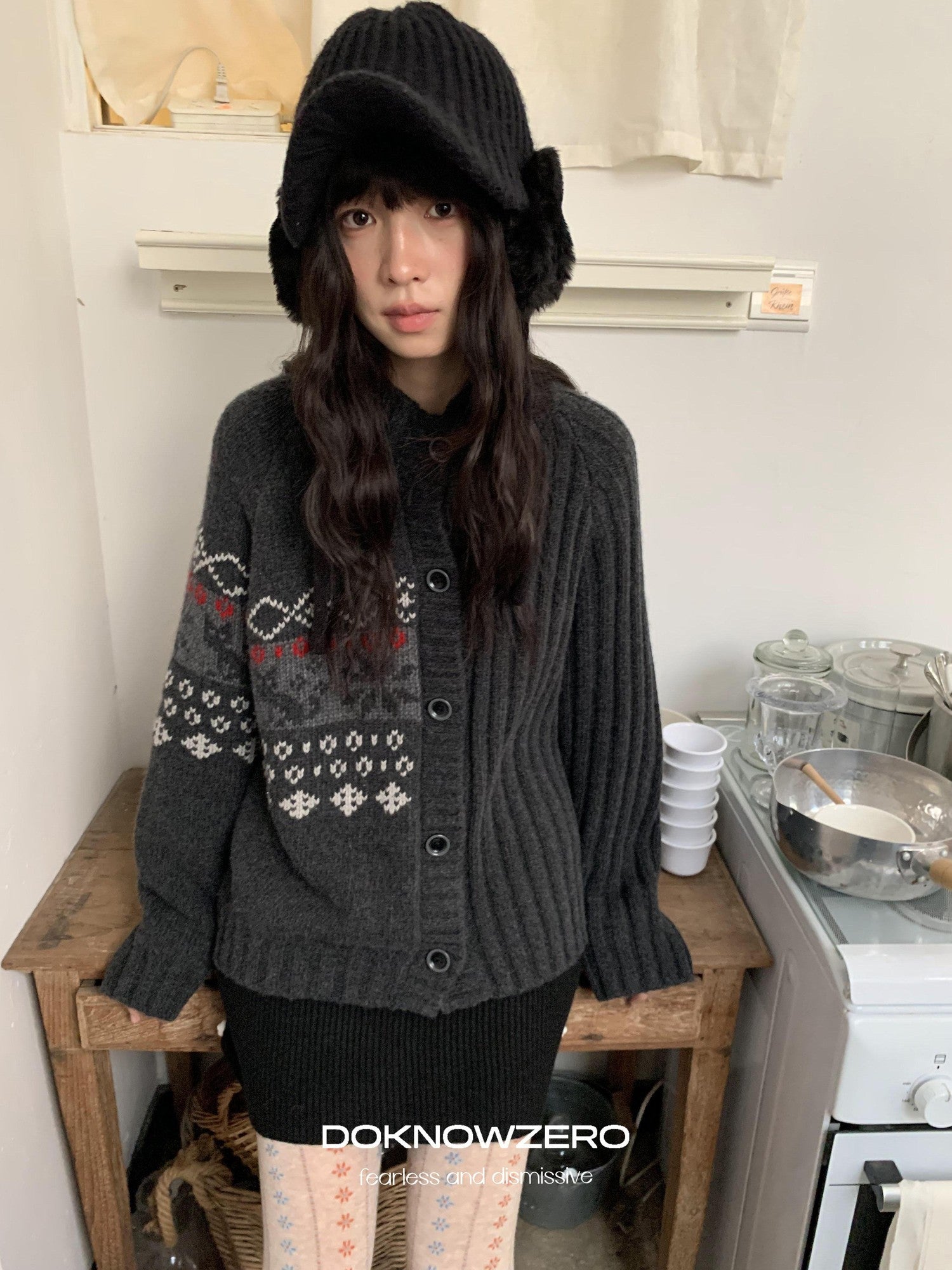 DKZ OFFICIAL Deep Gray Fair Isle Jacquard Print Women&