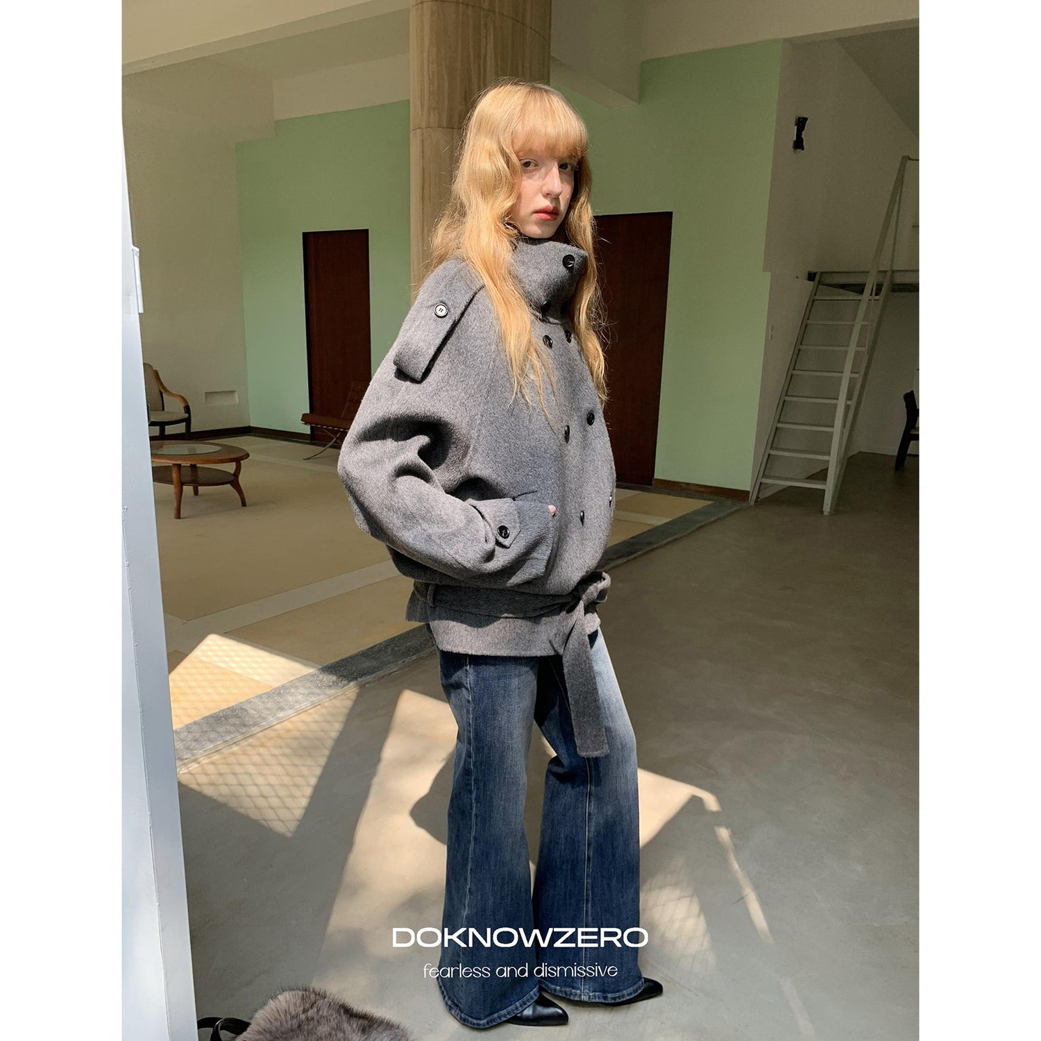 DKZ_OFFICIAL_Deep_Gray_Stand_Collar_Double_Breasted_Doubleface_Women&