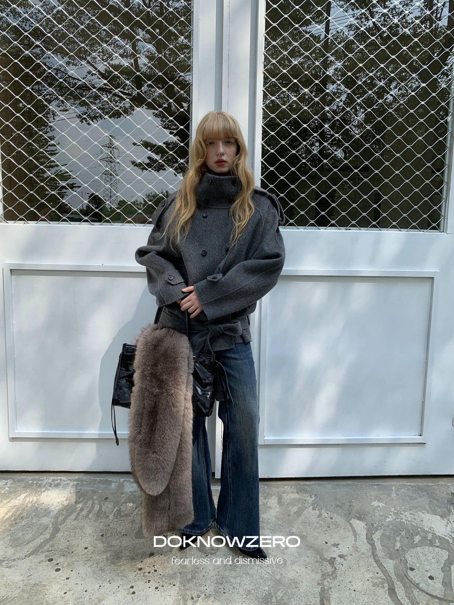 DKZ OFFICIAL Deep Gray Stand Collar Double Breasted Doubleface Women&