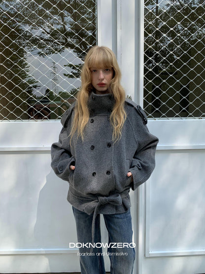 DKZ OFFICIAL Deep Gray Stand Collar Double Breasted Doubleface Women&