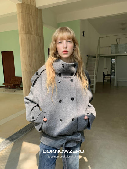 DKZ OFFICIAL Deep Gray Stand Collar Double Breasted Doubleface Women&