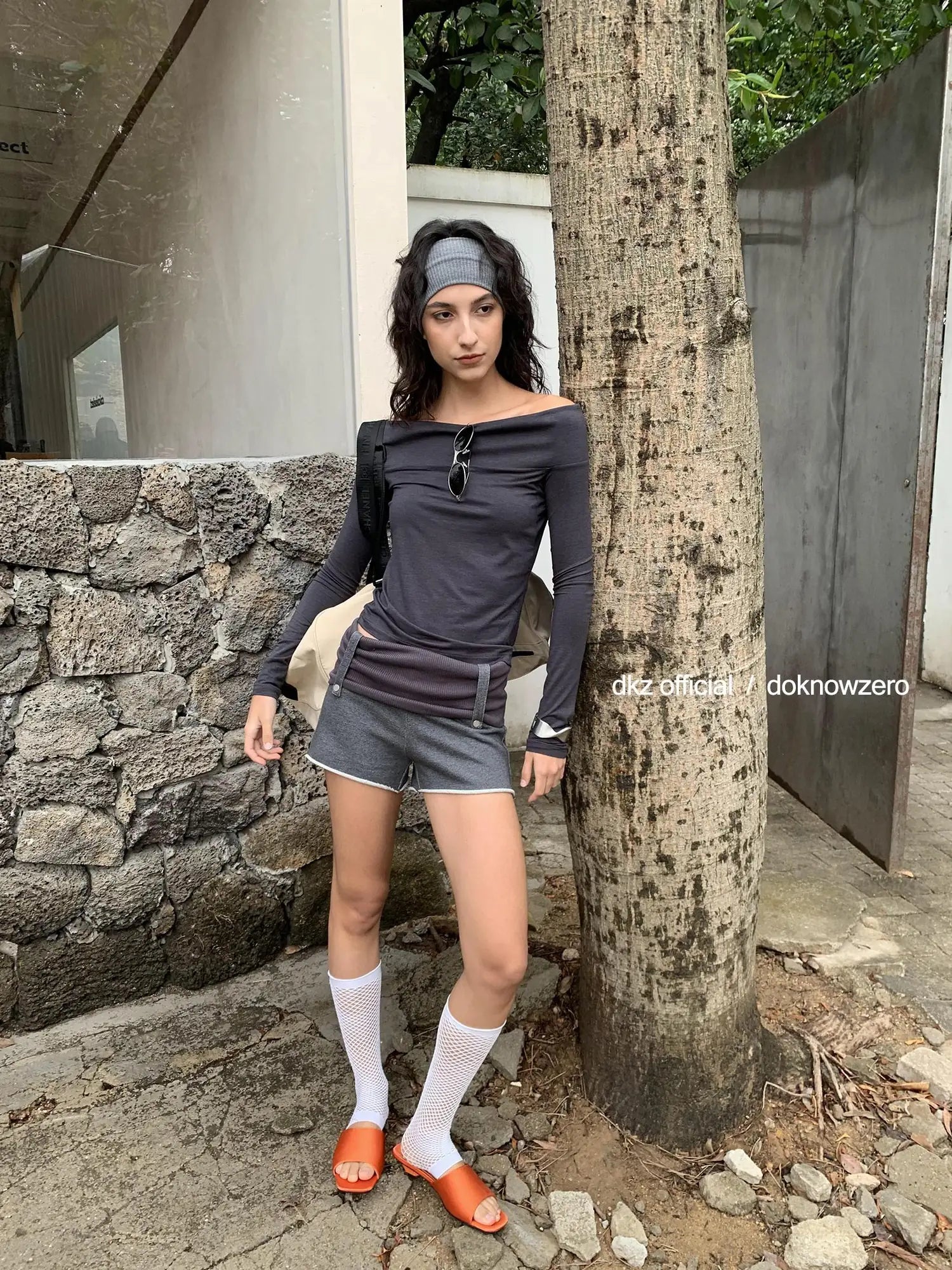DKZ OFFICIAL Deep Grey Modal Off Shoulder Long Sleeve Top