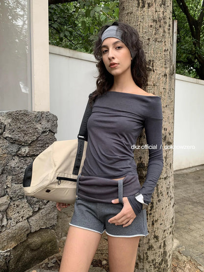 DKZ OFFICIAL Deep Grey Modal Off Shoulder Long Sleeve Top