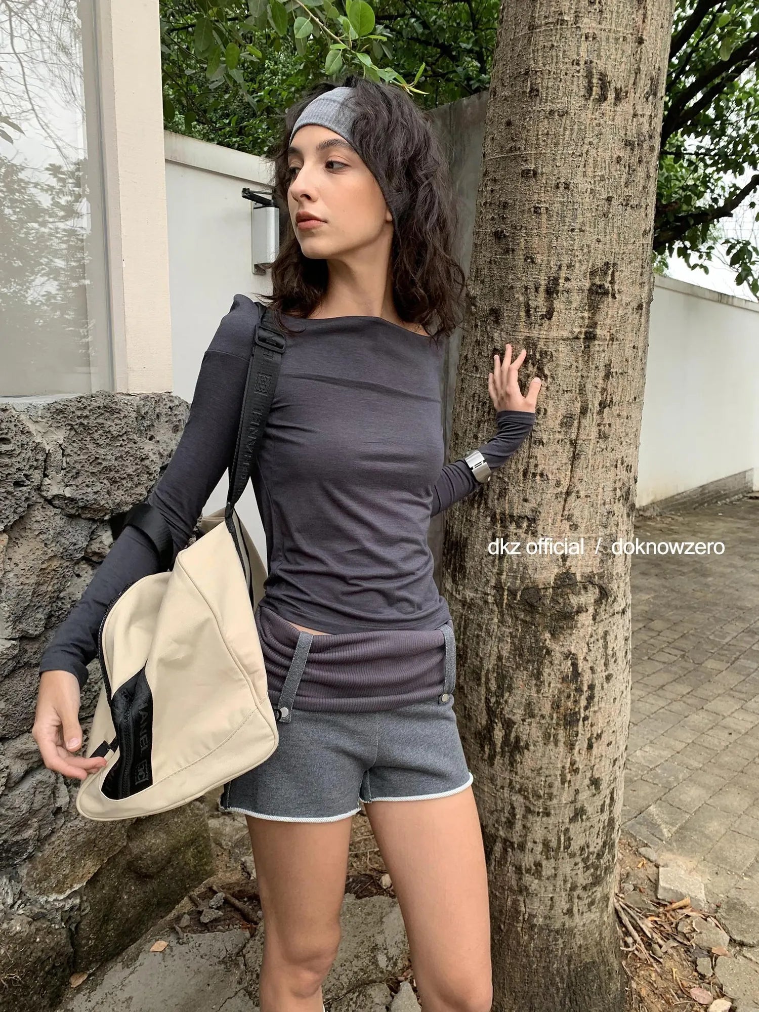 DKZ OFFICIAL Deep Grey Modal Off Shoulder Long Sleeve Top
