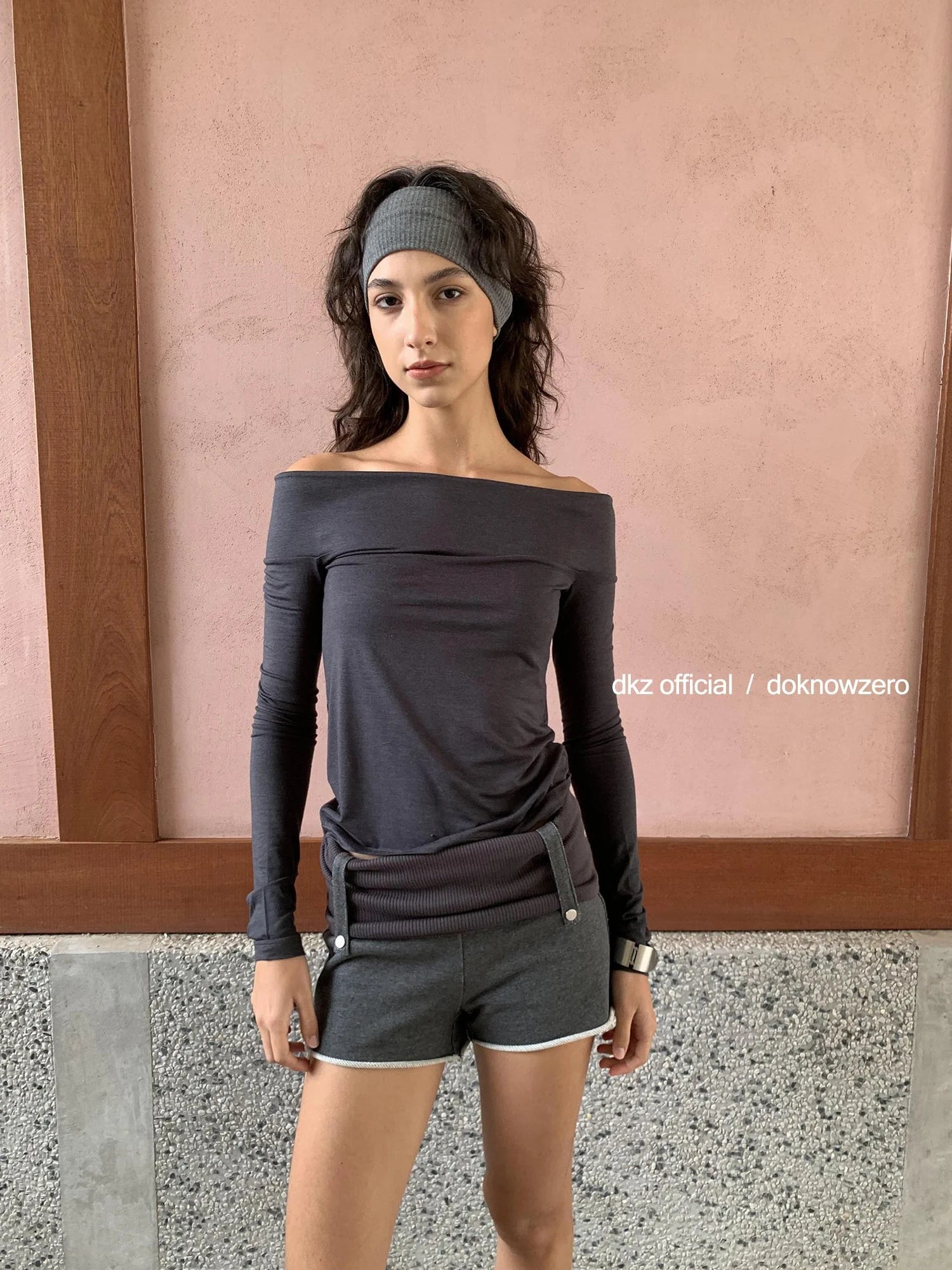 DKZ OFFICIAL Deep Grey Modal Off Shoulder Long Sleeve Top