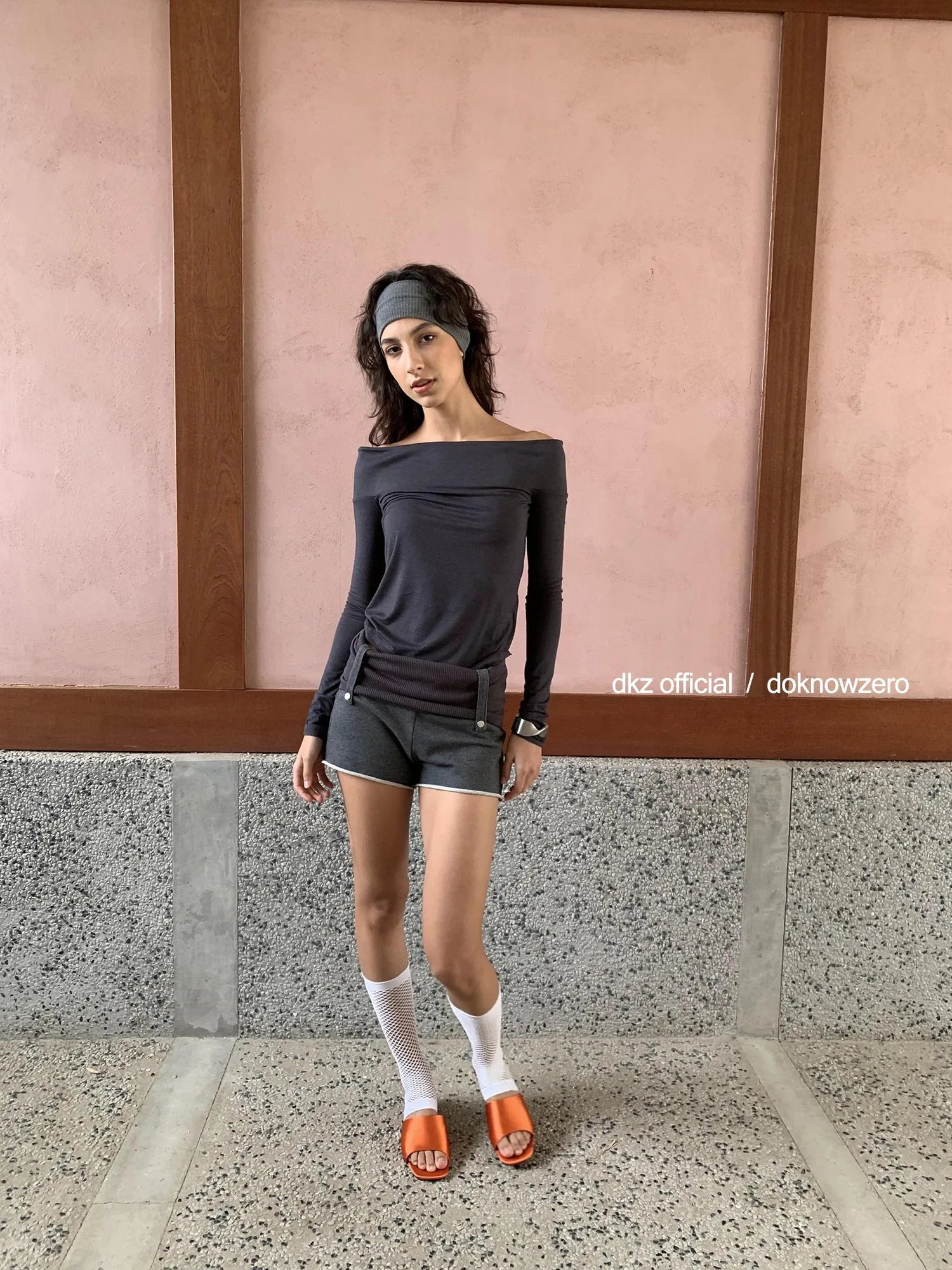 DKZ OFFICIAL Deep Grey Modal Off Shoulder Long Sleeve Top