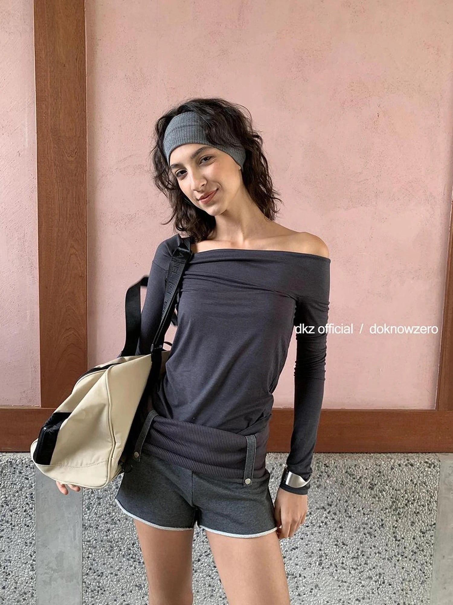 DKZ OFFICIAL Deep Grey Modal Off Shoulder Long Sleeve Top