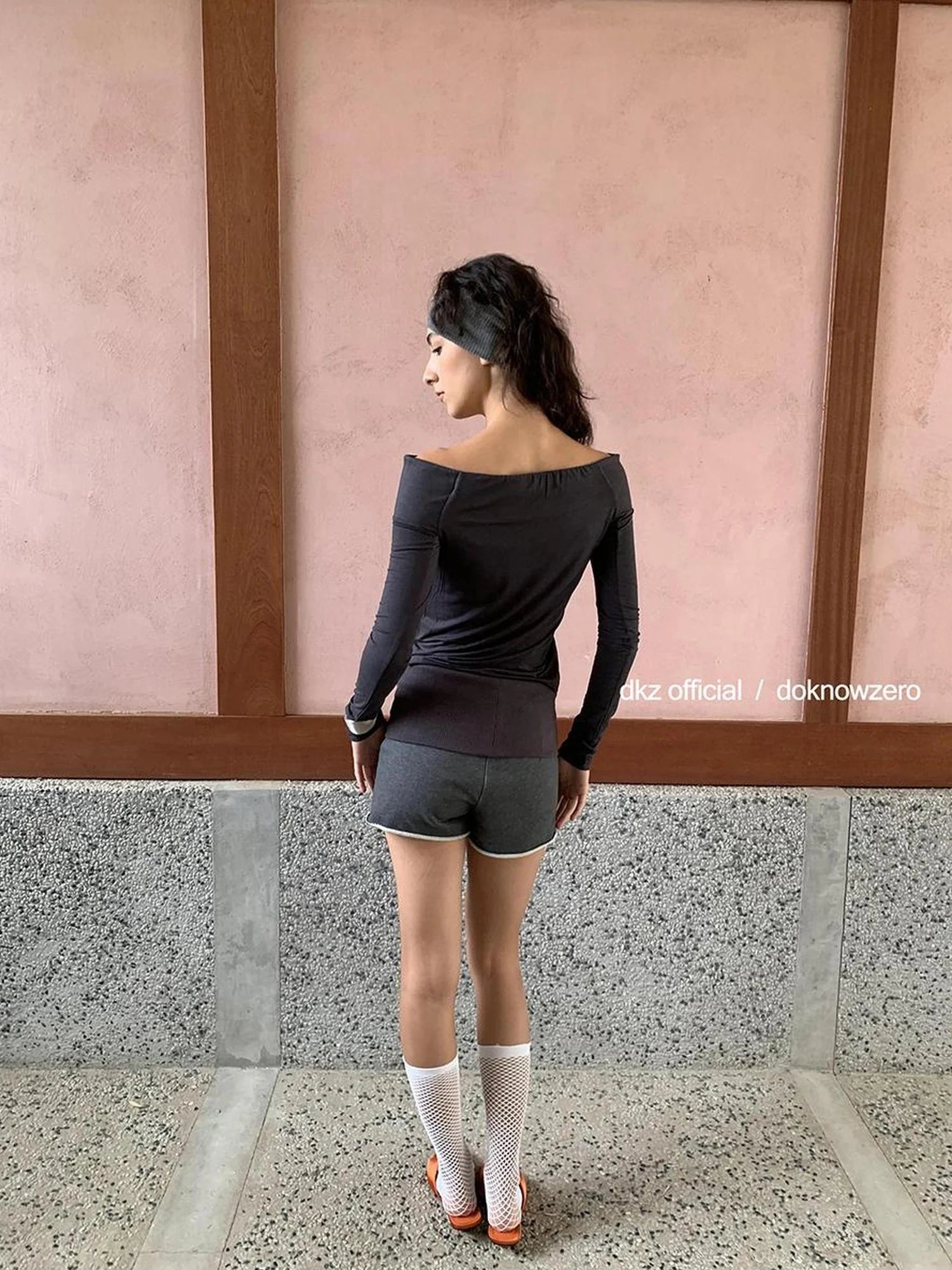 DKZ OFFICIAL Deep Grey Modal Off Shoulder Long Sleeve Top