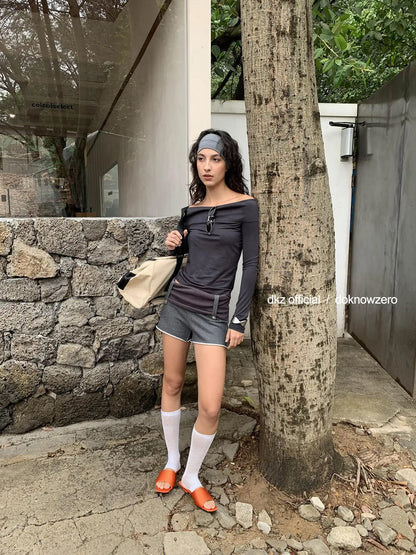 DKZ OFFICIAL Deep Grey Modal Off Shoulder Long Sleeve Top